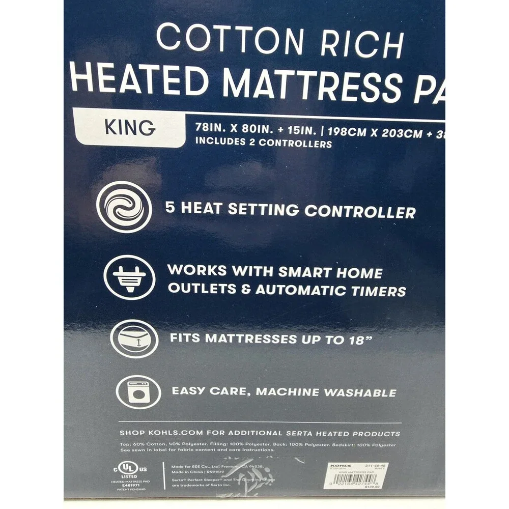 Serta Cotton Rich King Heated Mattress Pad Deep Fit, 5 Settings + 2 Controllers